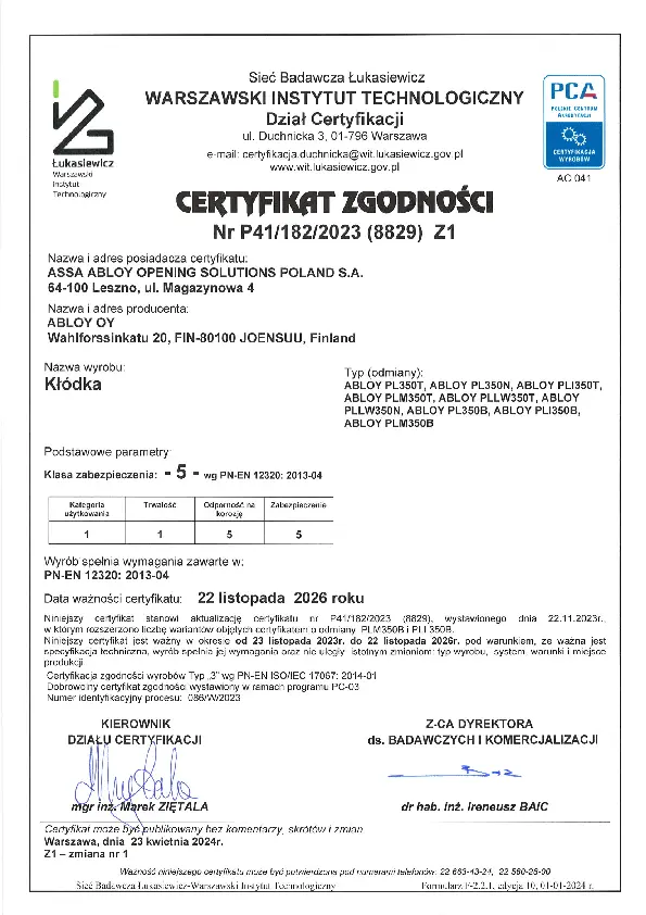 ABLOY Cert 2023 PL350T, PL350N, PLI350T, PLM350T, PLLW350T, PLLW350N, PL350B, PLI350B, PLM350B PL